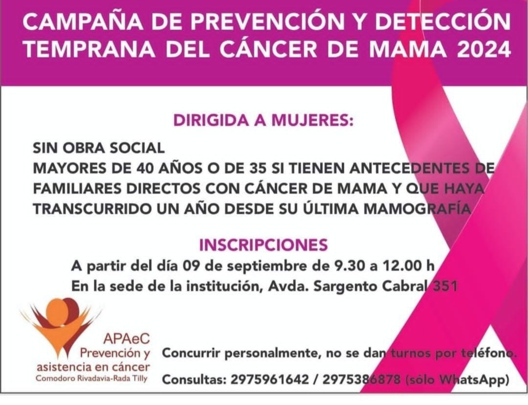 APAeC: Desde el 9 realizarán una campaña de prevención y detección temprana del cáncer de mama