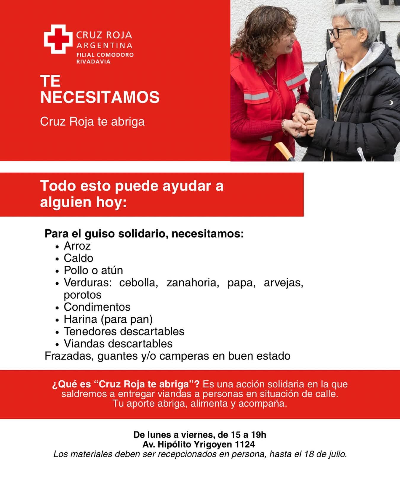 La Cruz Roja organiza entregar viandas a personas en situación de calle