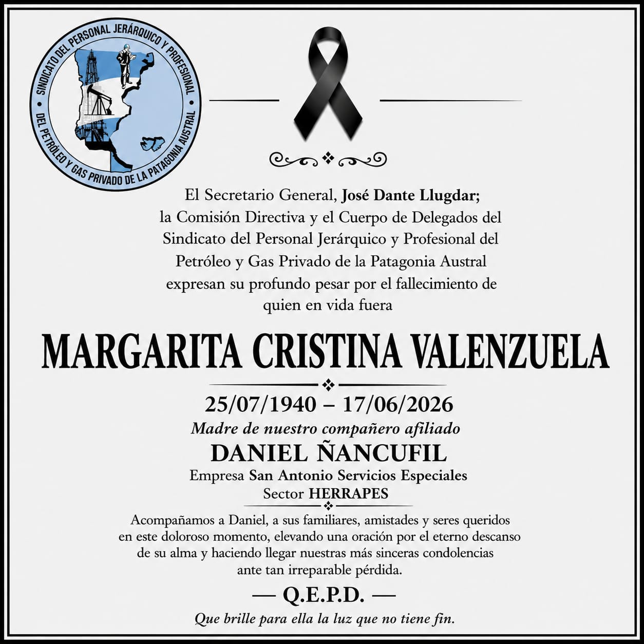 AVISO FÚNEBRE: Margarita Cristina Valenzuela