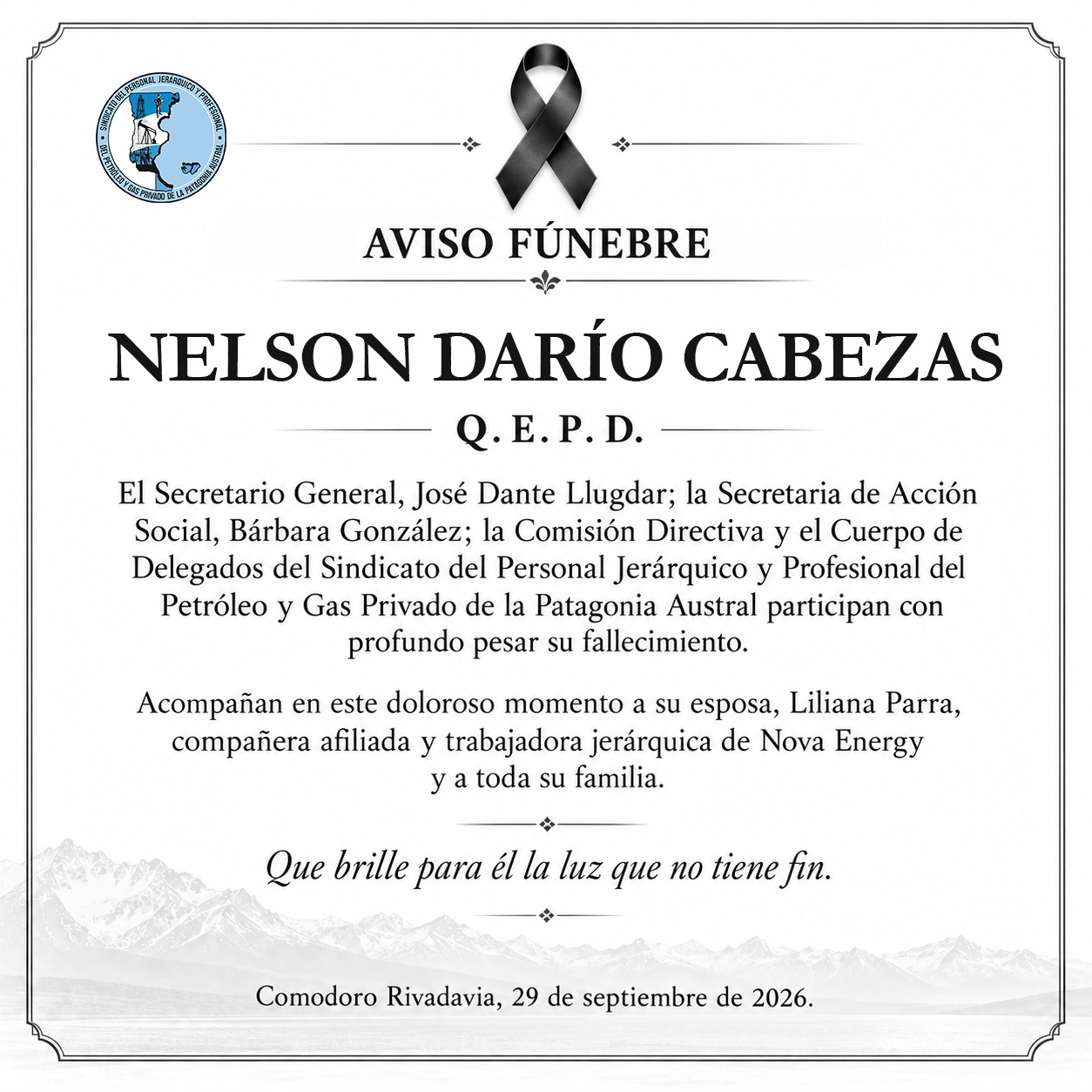 AVISO FÚNEBRE: Nelson Darío Cabezas